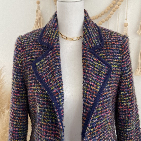 Tribal boucle tweed jacket wool woven blazer navy blue pink Chanel vibes 10 - Picture 2 of 14